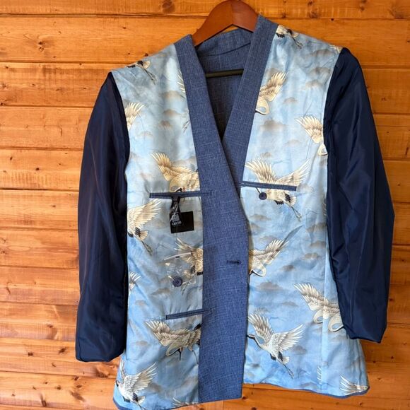 NWOT ASOS 1 button skinny notch lapel blazer with amazing bird print lining. - Picture 7 of 8